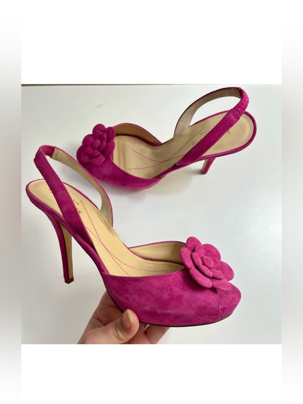 Kate Spade Fuchsia Suede Slingback Heels with Flower Accent